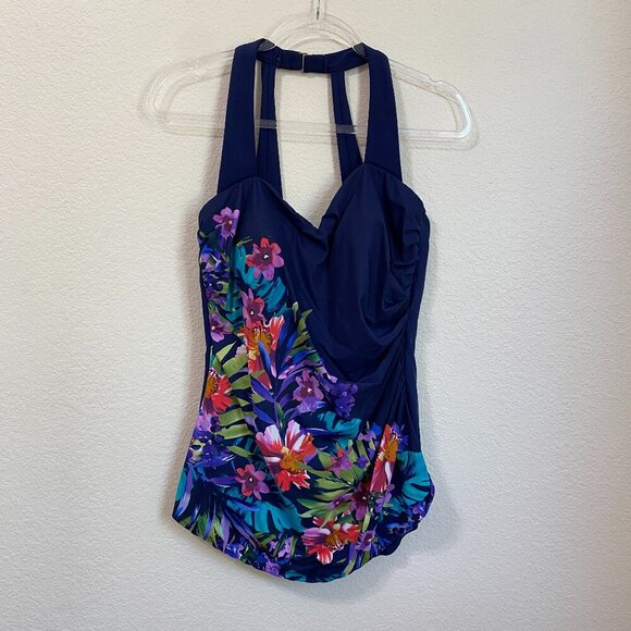 Lands End Women's Navy Blue Floral One Piece Swimsuit 14 - Picture 2 of 10